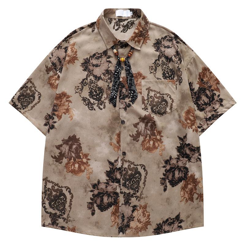 Niche designgevoel van oud bloemenkortemouwenshirt mannen en vrouwen koppels retro los casual zomer casual shirt mannen