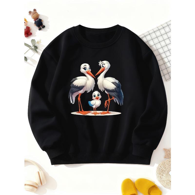 European sizes Kids' Crewneck Sweatshirt with Adorable Cartoon Stork Parent-Child Pattern Design, a Lively and Cute Top for Casual Attire