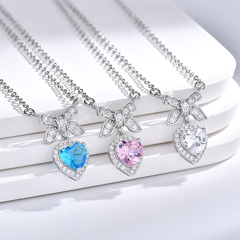 Korean Style Bowknot Heart Necklace: Diamond-Studded, Sweet, Versatile, High-End Women's Jewelry