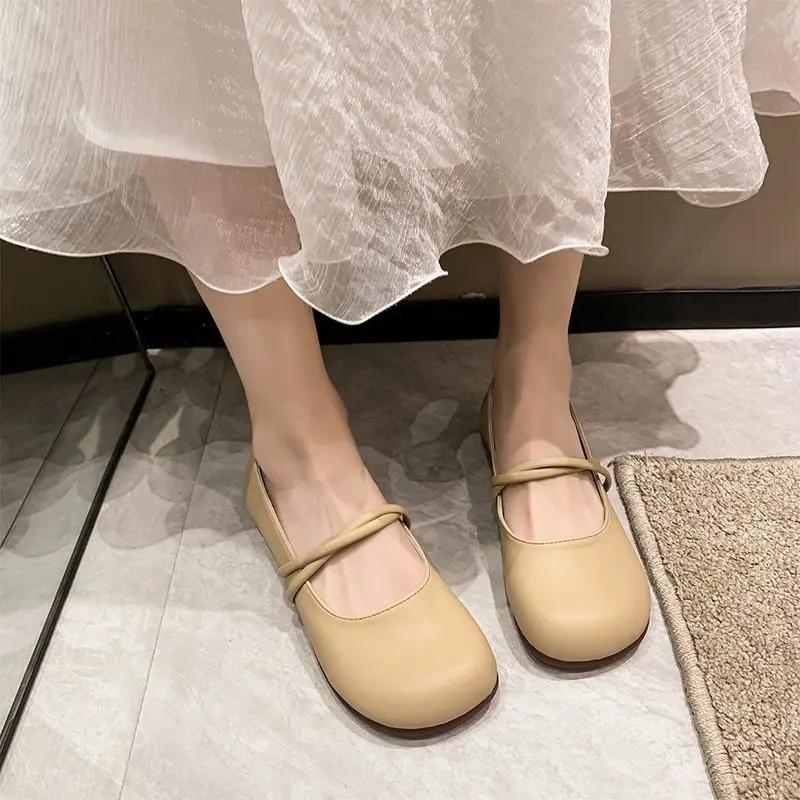 Fashion Ladies Footwear With Heel Round Toe Mary Jane Beige 39 Elegant Dress Cheap Clearance High Quality Fashion Y2k Women's Flat Shoes