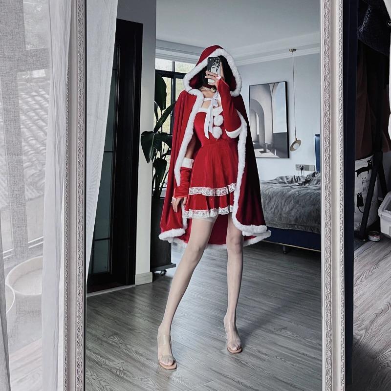 Christmas Robe Cape Shoulder Cape Sexy Pure Dress Pack Cross New Red Big Golden Velvet Uniform