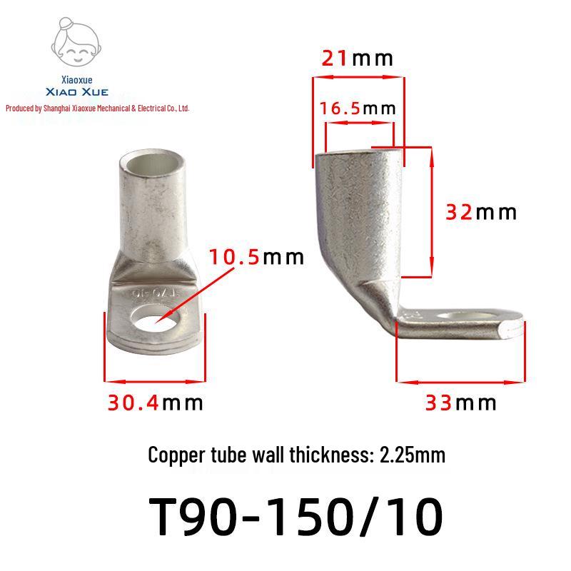 T90 Copper Tube Terminal, 90-Degree Right-Angle Bend Crimp Lug, T90-6/5 to T90-240/16 Copper Wire Lug