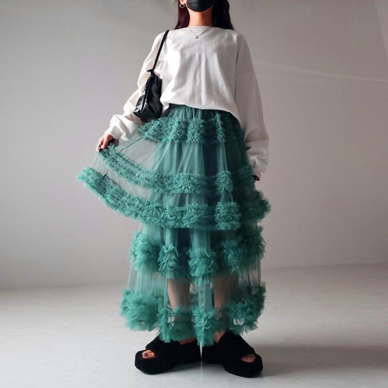 Japanese Style Spring/Summer Women's A-Line Midi Skirt with Anti-Exposure Hand-Stitched Three-Layer Net Yarn
