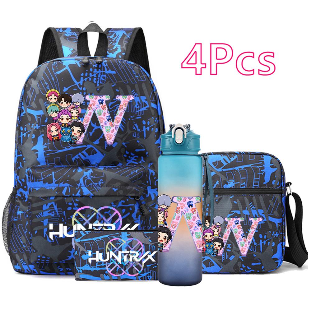 4Pcs/set 26 English Letter Printed Backpack Large Capacity Bookbag Shoulder Bag Case Bag with 750ml Water Bottler Boy Girl Waterproof SchoolBag Gift