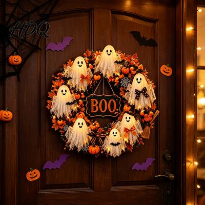 Herbst-Haustürdeko Halloween Boo Geist-Kranz Gruselige Hängedekoration mit Kürbissen Eingangsschmuck Und Spinnweben für Veranda Bauernhaus