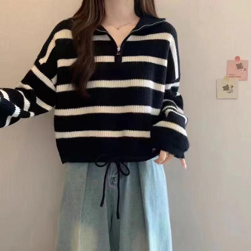 Half Zipper Turtleneck Striped Sweater Women's Autumn and Winter Small Thickened Loose Lazy Pullover Short Knitted Sweater
