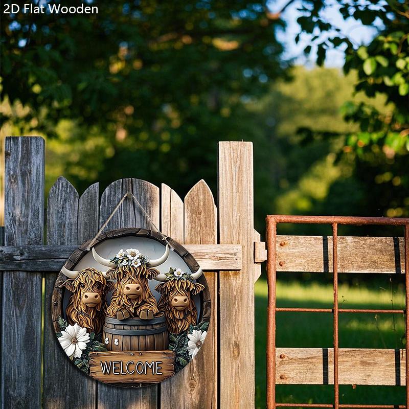 Retro Wooden Welcome Sign with Highland Cattle Design - Rustic Decorative Plaque for Farmhouse, Front Door, Herd Decorations