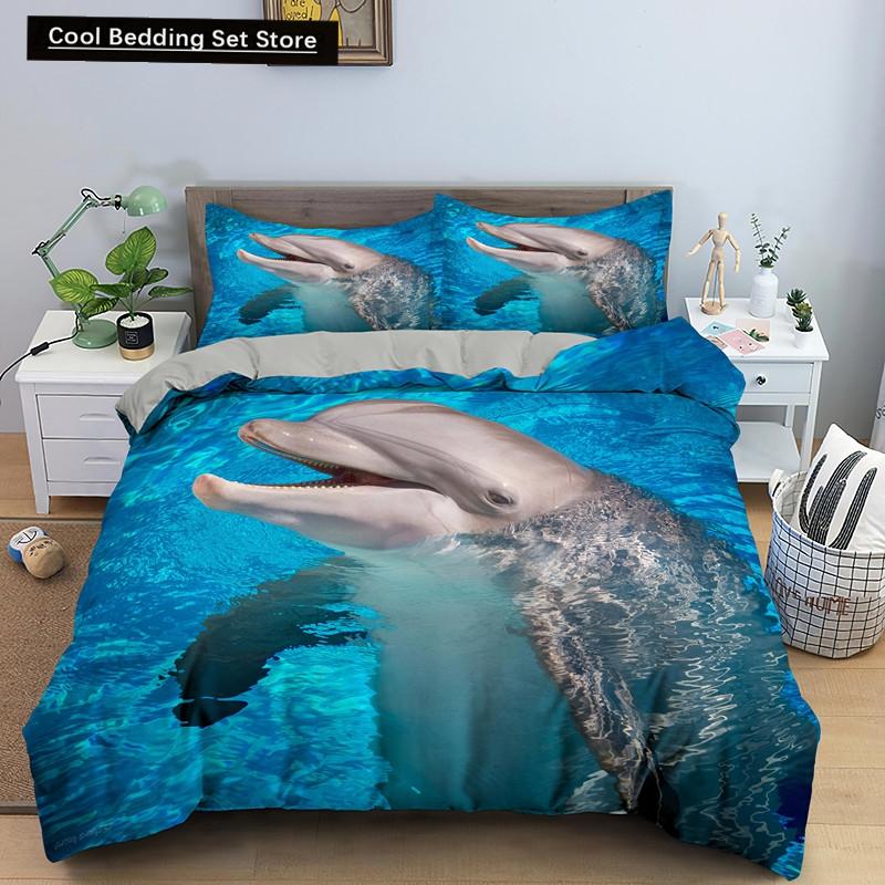 Ocean Dolphin Duvet Cover King Queen Size Cute Dolphin Jumping In The Blue Sea Bedding Set Children 3D Animal Sunset Quilt Cover