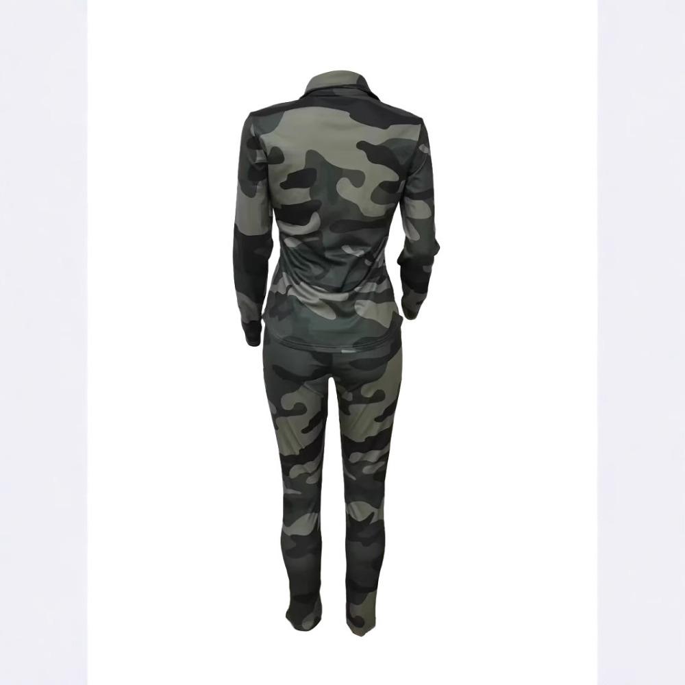 Women's Camo Print Button Front Long Sleeve Skinny Pants Two Piece Tracksuit Casual Streetwear Matching Outfit