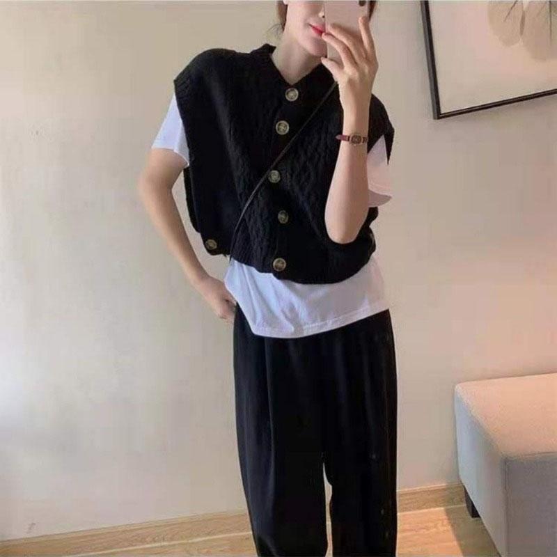 

Повседневный кардиган в стиле ретро, ​​короткий свитер, жилет, однобортный вязаный жилет, женский весенне-осенний кардиган без рукавов, женский топ One Size чёрный