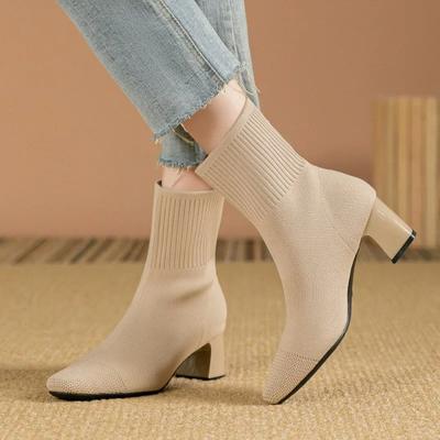 Autumn Winter Boots for Women Ankle Boot 8CM Square Heel Knitted Socks Boots with Black New Autumn and Winter Women's Shoes
