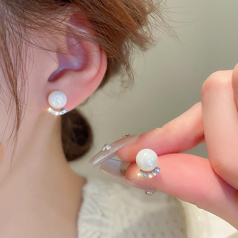 Gold-Plated Silver Diamond Pearl Stud Earrings - French Retro Light Luxury Ear Jewelry