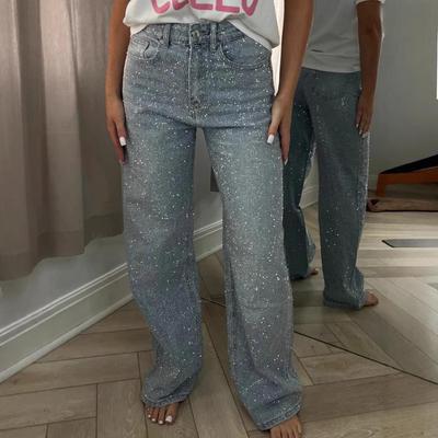 Europäische & Amerikanische High Waist Wide Leg Voll Diamant Gewaschene Denimhose für Damen