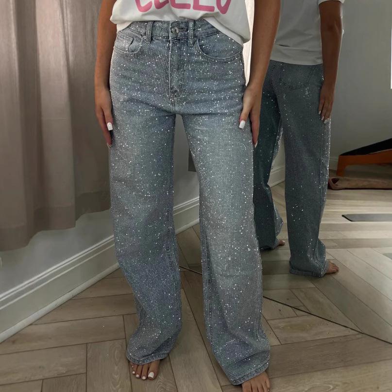 

Европейские и американские джинсы с высокой талией, широкими штанинами, полностью украшенные бриллиантами, вареный деним для женщин 2XL