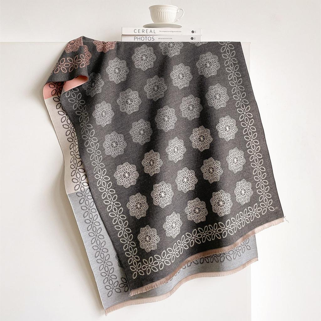 Ladies Double Sided Faux Cashmere Scarf Retro Floral Print Soft Warm Shawl With Fringe Stylish Outdoor Matching Accessory