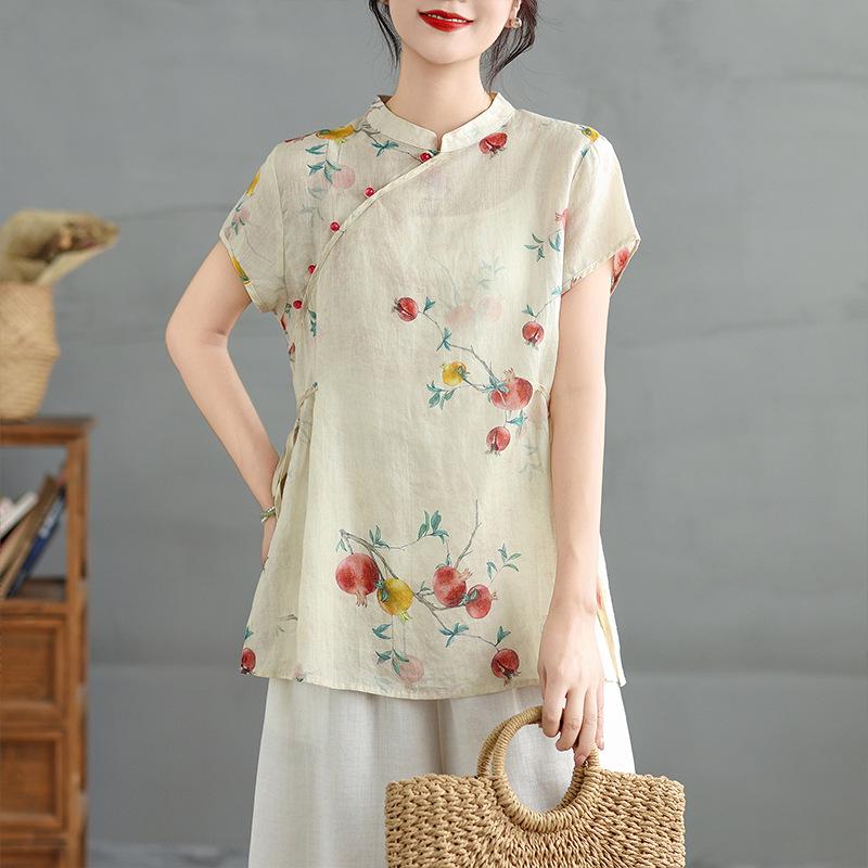 

Chinese Apricot Floral High-End Ramie Women s Top with Diagonal Lapel and Frog Buttons L