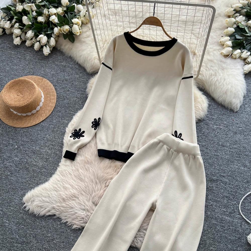 Autumn Winter Women Vintage Embroidery Flower Knitted Sweater Trouser Two Piece Set O-neck Pullover Tops and Pant Tracksuit