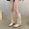 Pleated Retro Western Boots Women's New Fashion Casual Thick Heel Medium Boots Women's Knee Knight Boots