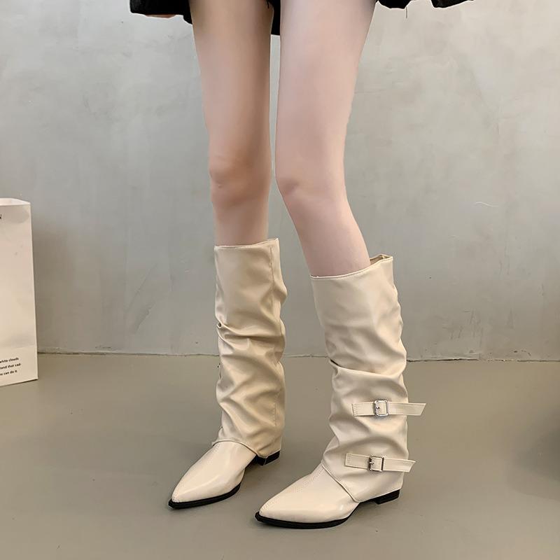 Pleated Retro Western Boots Women's New Fashion Casual Thick Heel Medium Boots Women's Knee Knight Boots