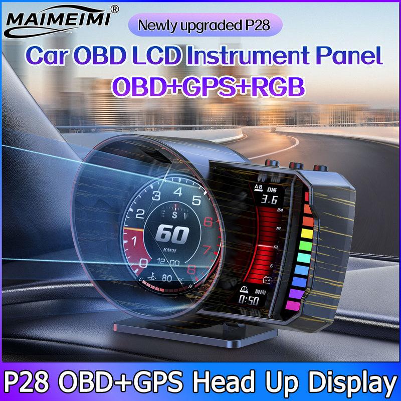 Head Up Display OBD2+GPS HUD P28 Smart Gauge Car HUD Speedometer Turbo RPM Alarm for Car Truck Pressure Water Temp Turbine