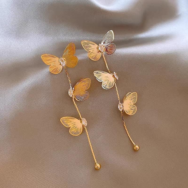 

Golden butterfly zircon fringed earrings women s exquisite super fairy long stud earrings retro temperament earrings