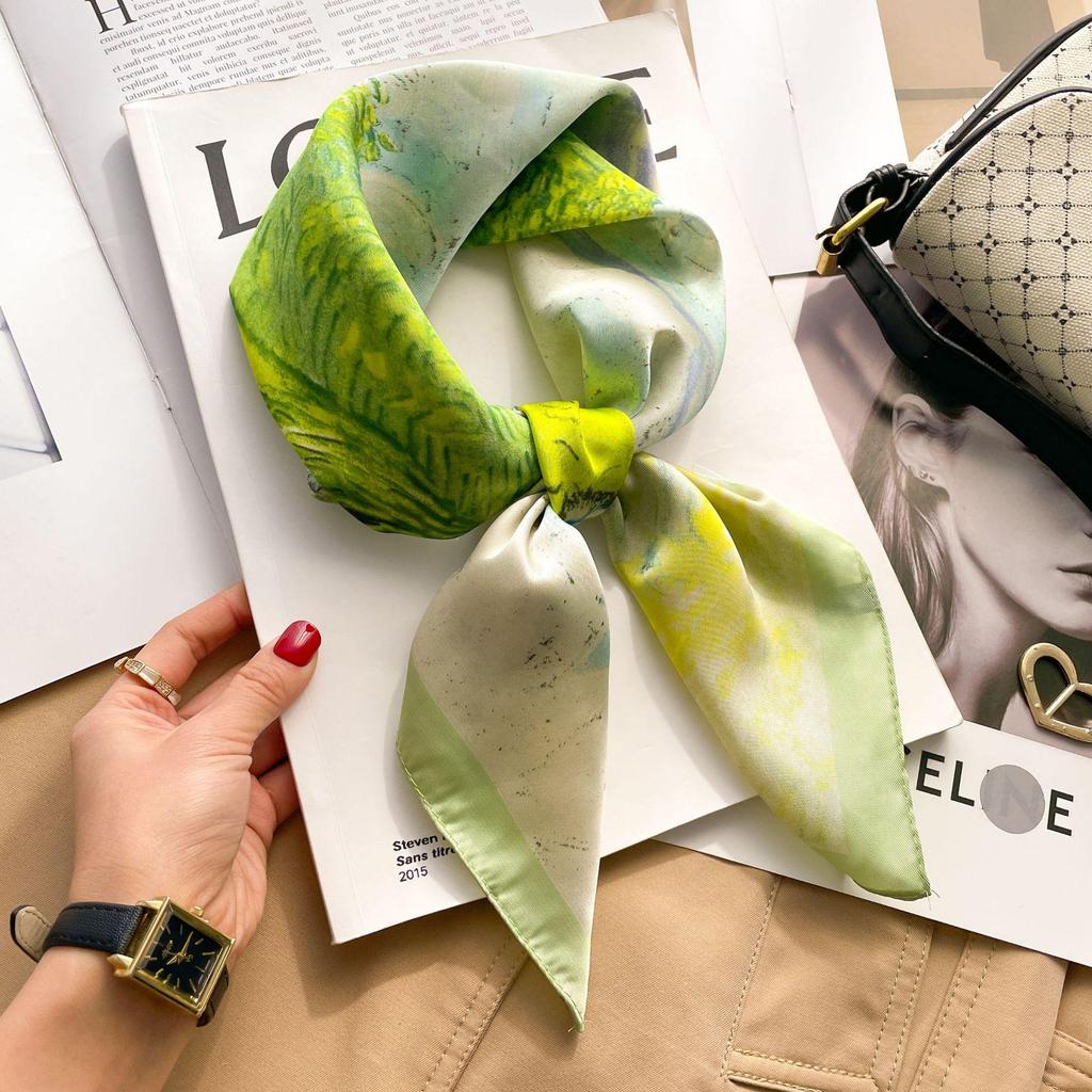 70cm Autumn Retro 3D Print Silk Scarf - Women's New Professional Square Imitation Ribbon