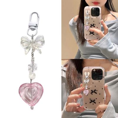 Stylish Beaded Keychain Phone Straps Charm Vibrant Beaded Heart Pendant Keychain Bowknot Phone Starp Chain Jewelry Charm