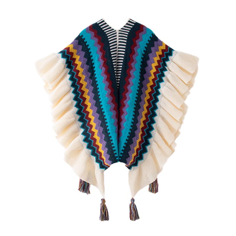 Manufacturer's New Ethnic Style Ruffled Knit Shawl: Xinjiang Stripe, Sichuan-West Travel, Thick and Warm