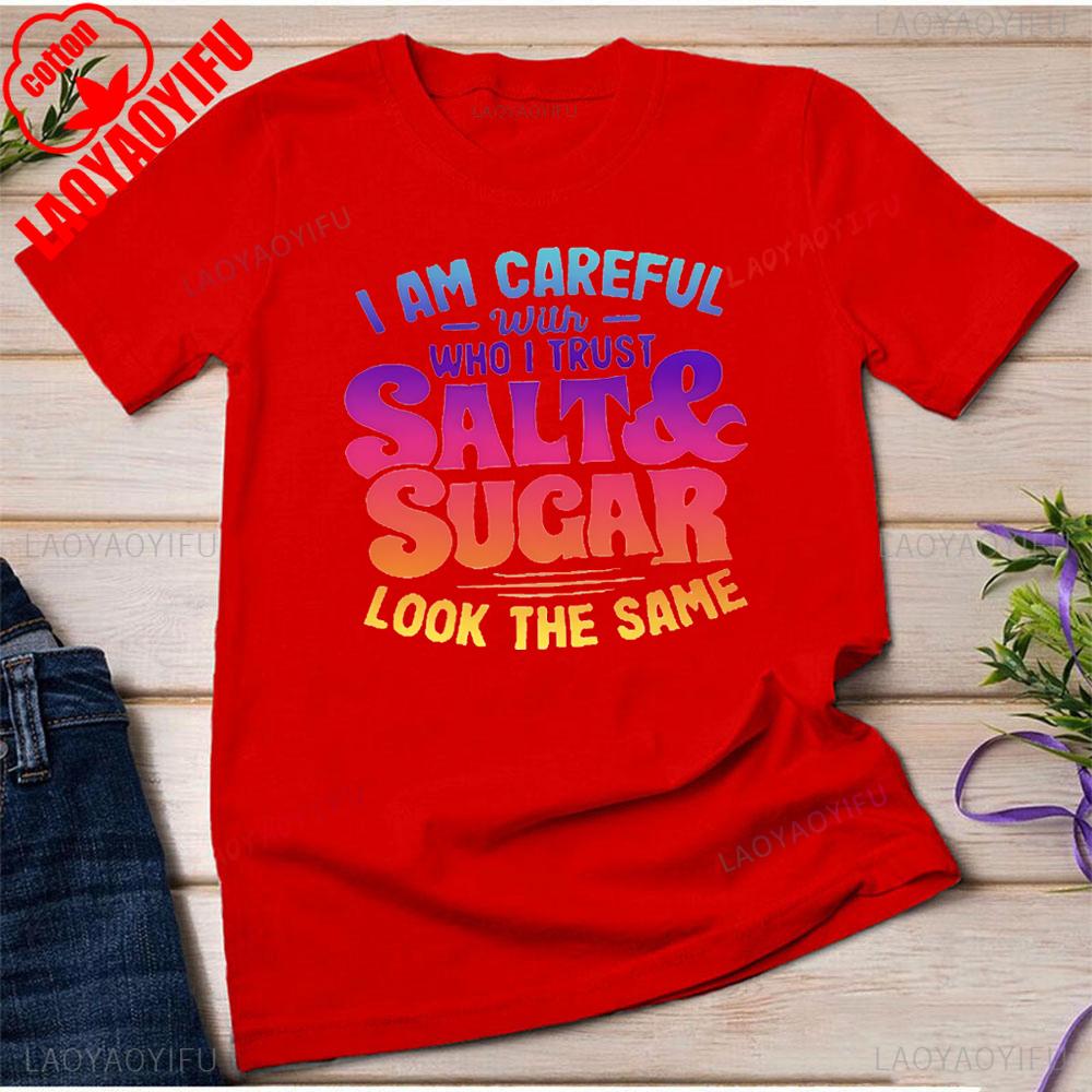 

Яркая футболка с графикой соли и сахара для женщин, с круглым вырезом, коротким рукавом, спортивный топ с красочной надписью, повседневный, удобный 4XL