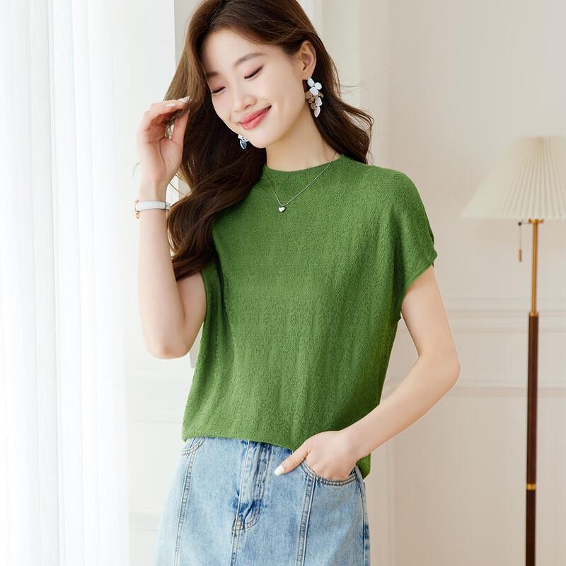 Srcr Women s 100% Mulberry Silk Jacquard Short Sleeve Knit Top