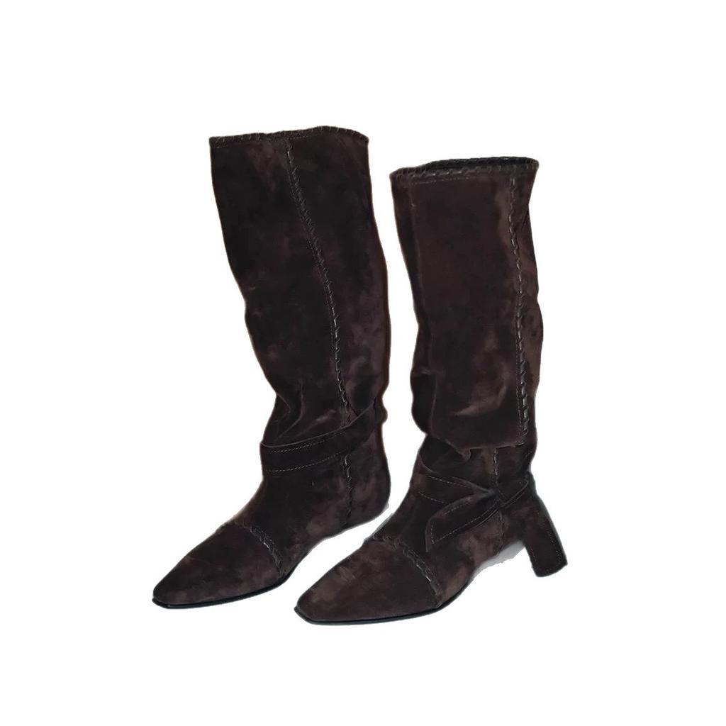 Sheepskin Version~ European and American Style Niche Pointed Hand-strung Rope Western Cowboy Boots Women's Autumn and Winter New Medium and High Boots