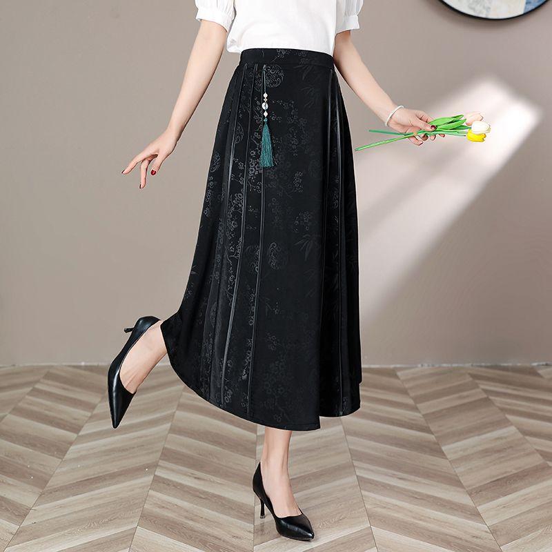 Women's Black Vintage Floral Pleated Midi Skirt Chinese Style Tassel Bead Decoration High Waist A-line Casual Daily Office Skirt