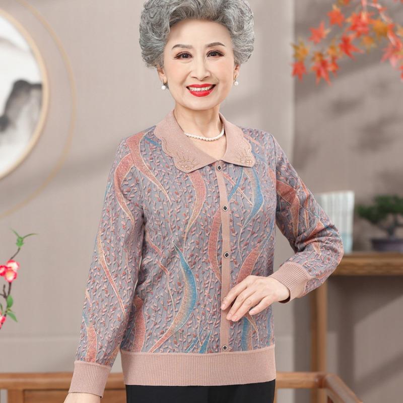 Grandma summer ice silk long-sleeved top medium and old new summer short-sleeved shirt mother lapel bottoming shirt