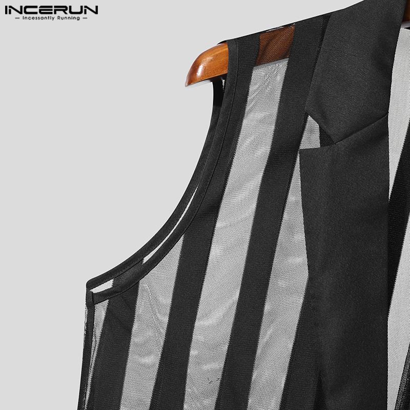 INCERUN Men Lapel Neck Sleeveless One Button Striped Mesh Sheer See Through Waistcoats