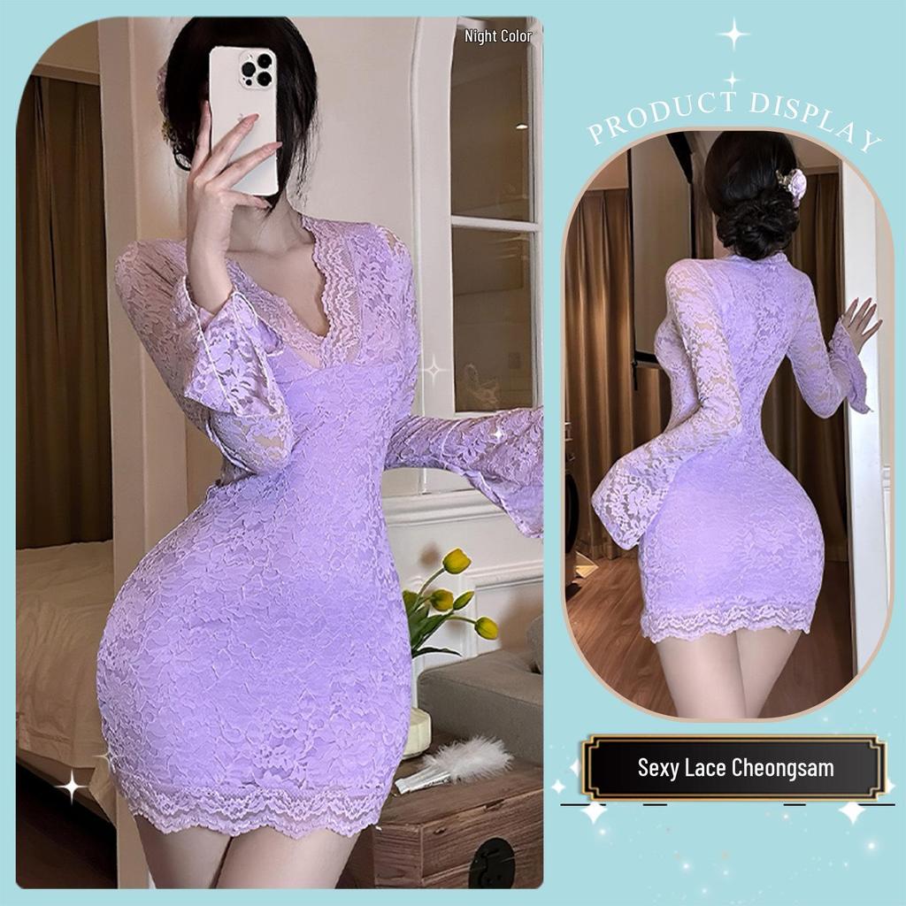 Jin Xiao Sexy French Lace Bell Sleeve Purple Dress with Slimming Waist and Hip-Hugging Design.