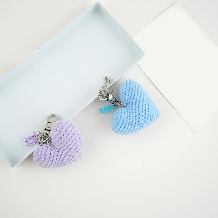 Handmade Knitted Keychain Handwoven Heart with Button Bowknot Pendant Keyring