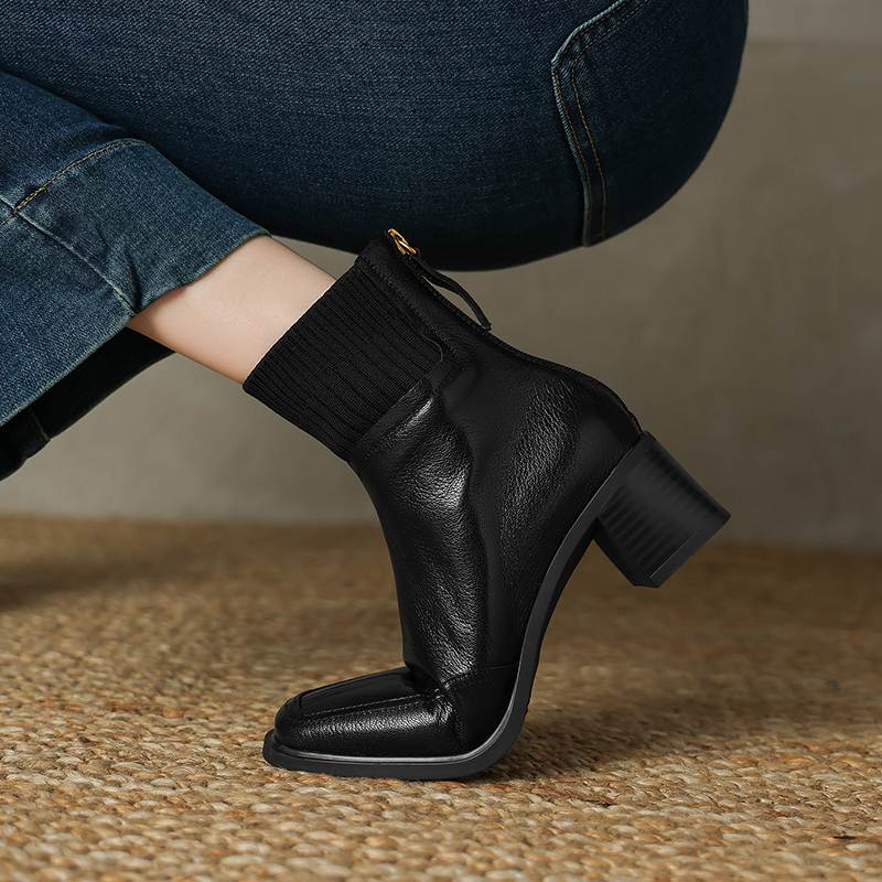 Krazing Pot Sheepskin Autumn Winter Shoes Thick Heels Size 42 Square Toe Zipper Knitwear Vintage Ankle Boots
