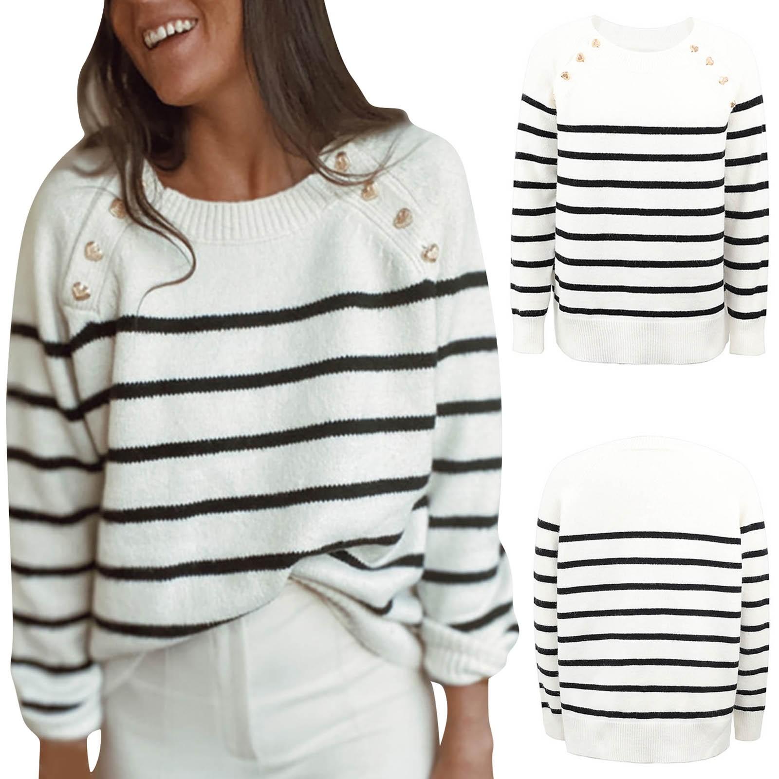 

Women s Stripe Knitted Sweater Round Neck Shoulder Button Pullover Sweater