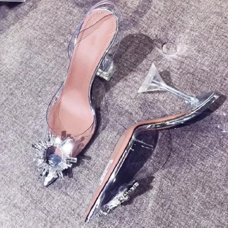 Luxury Designer CRYSTAL Diamond PVC Transparent High Heels Women Sexy Pointed Toe Women Pumps Elegant Banquet Prom Dress Shoes