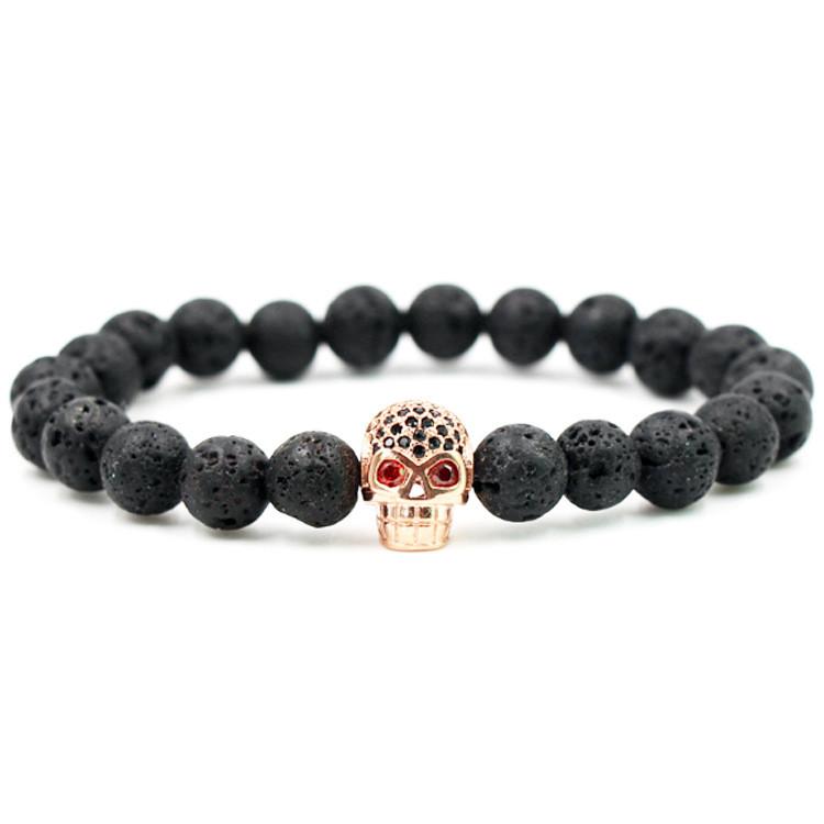 Bracciale con Perle di Roccia Lavica Geometrica con Teschio Micro-incastonato in Zirconi per Uomo Donna Regalo