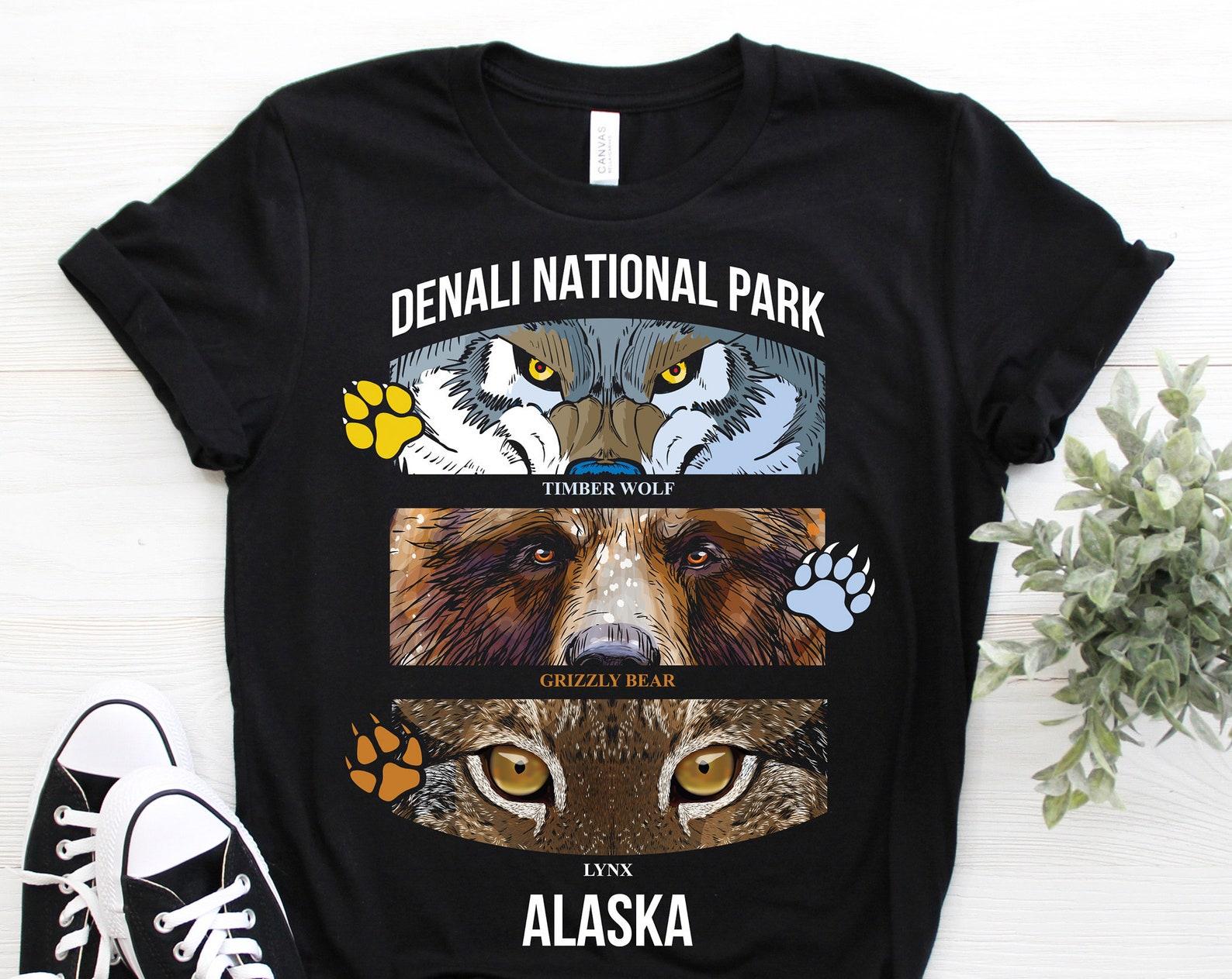Denali National Park Animals US Vintage T-Shirt, USA Alaska Parks Lover Gifts, Adventure Outdoors, Camping Hiking, U.S Backcountry Travel, 110