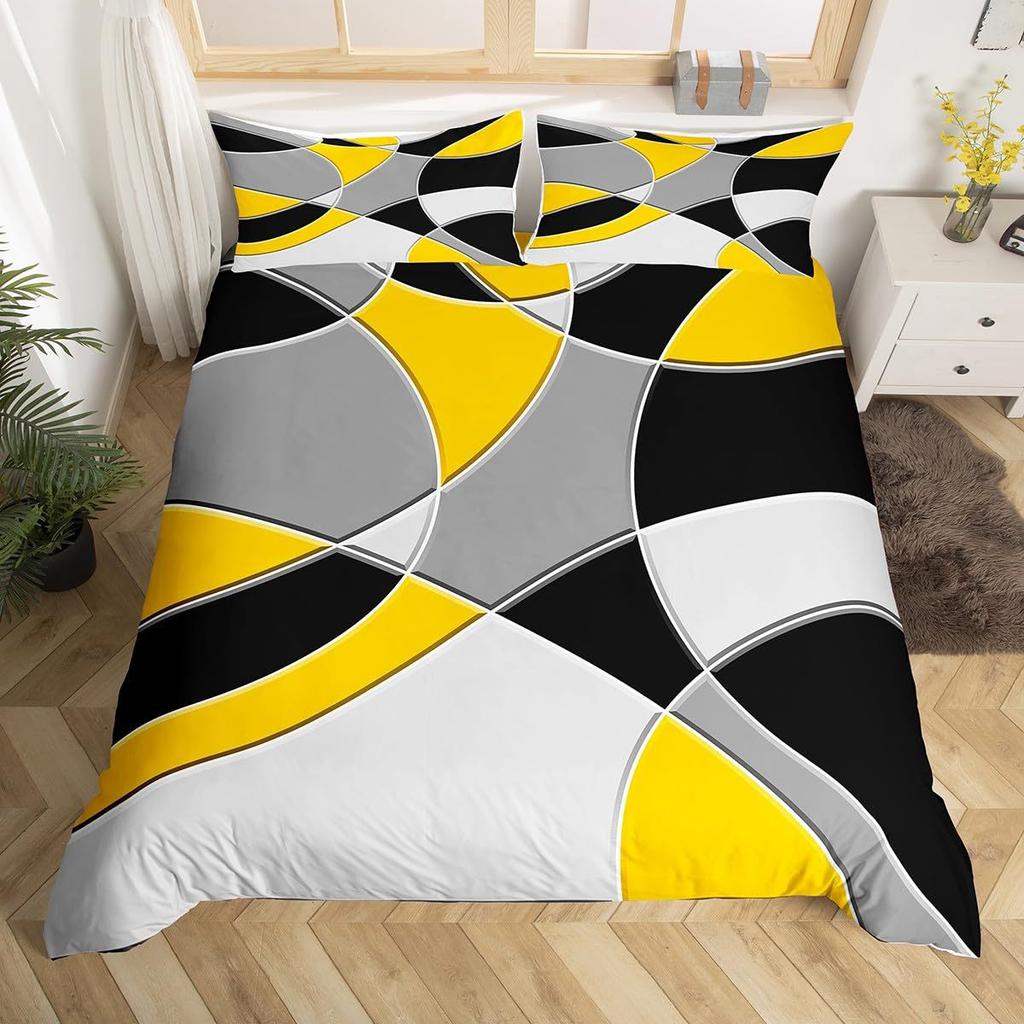 Round Geometric Bedding Set Green Gray Black Abstract Art Bedspread Comfortable Three-Piece Set