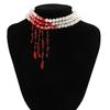 Vintage Red Blood Pattern Necklace for Women Multilayer Pearl Crystal Bead Pendant Necklaces Gothic Halloween Accessories