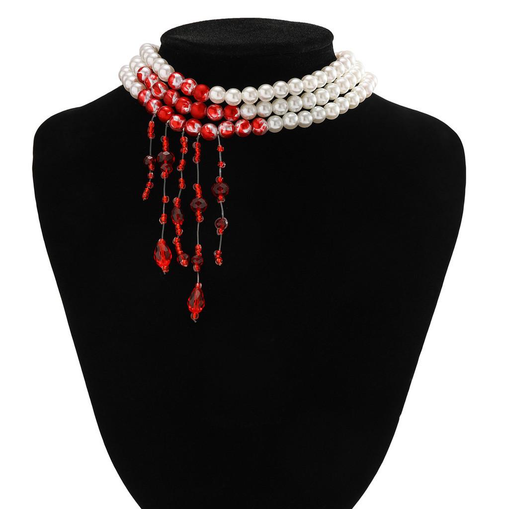 Vintage Red Blood Pattern Necklace for Women Multilayer Pearl Crystal Bead Pendant Necklaces Gothic Halloween Accessories