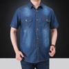 Herren Multi-Taschen Denim Werkzeughemden Sommer Kurzarm Blaue Jeanshemden Herren Baumwolle Freizeithemden Größe 5XL