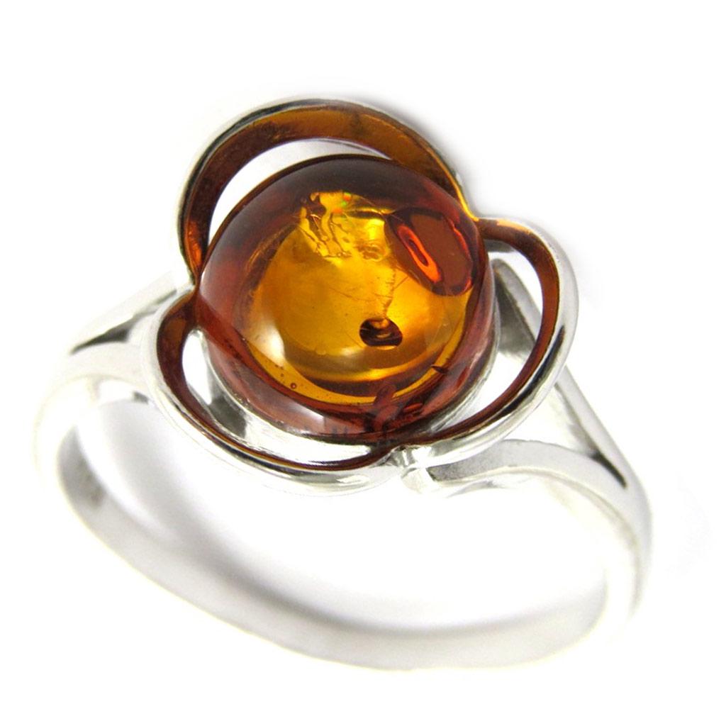 Srebrny pierścionek „Inspiracja” z bursztynem koniakowym (rodowany) - 12 mm
