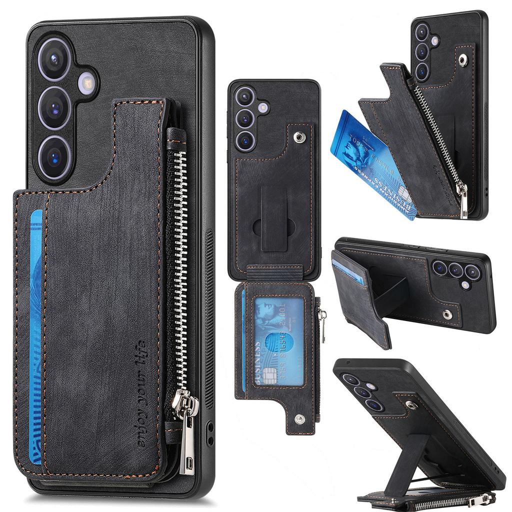 For Samsung Galaxy S24 Case Zipper Card Holder Kickstand Leather+PC+TPU Phone Cover
