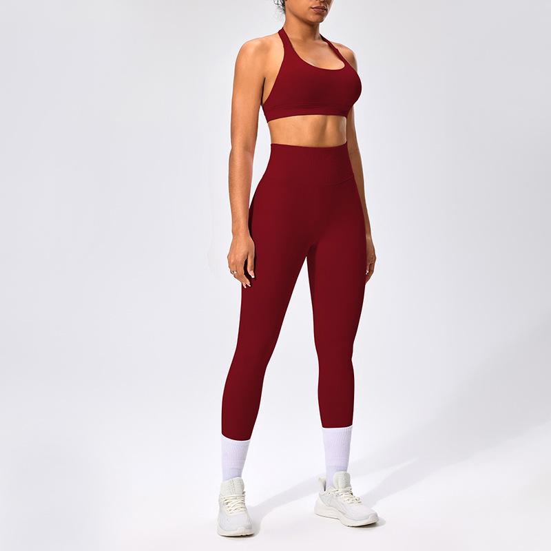 European & American Halter Neck Backless Sports Bra and High-Elastic Seamless Fitness Leggings Yoga Set for Women