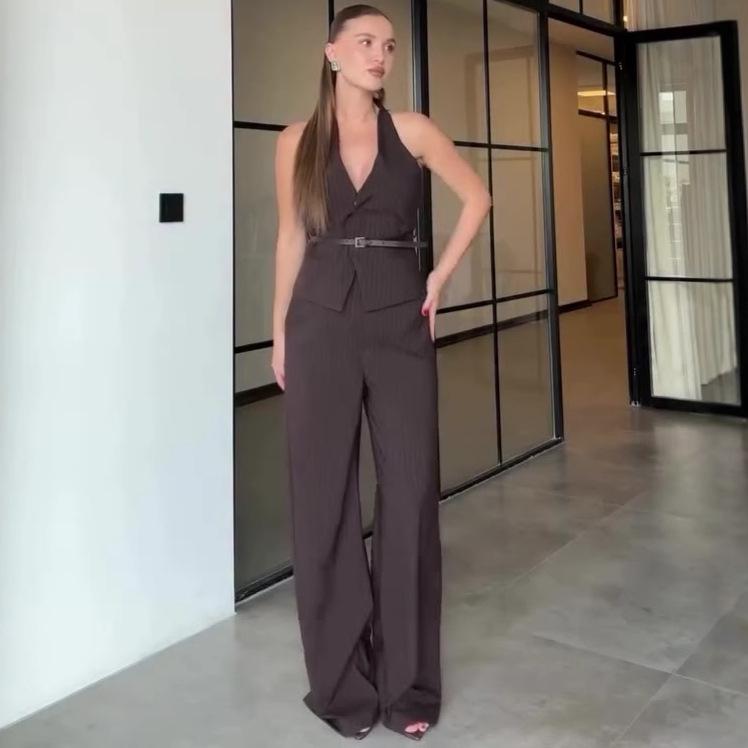 

2025 Summer European & American V-neck Button Sleeveless Striped Top with Wide-Leg Pants Set XL кавовий