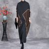 Johnature Woman Autumn Fashion Mock Neck Loose Long Sleeves Dress Chinese Style Contrast Casual Dress